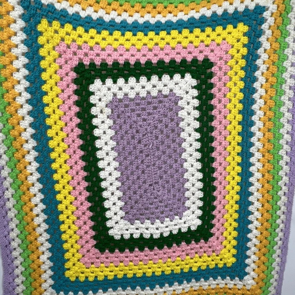 Square Crochet Lap Blanket Small Throw Quilt Rainbow Multicolored 33